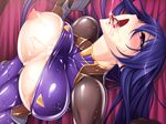  1girl after_sex aftersex akiyama_rinko aoi_nagisa_(artist) black_lilith blue_hair blush breasts cum cum_in_clothes cum_in_mouth cum_on_body cum_on_breasts cum_on_clothes cum_on_upper_body erect_nipples game_cg large_breasts nipples open_mouth purple_eyes solo taimanin_yukikaze tears tongue 