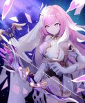  1girl absurdres bare_shoulders bell black_shorts bow_(weapon) breasts chinese_commentary cleavage commentary_request crystal_shards detached_sleeves elbow_gloves elysia_(herrscher_of_human:_ego)_(honkai_impact) elysia_(honkai_impact) gloves hair_between_eyes highres holding holding_bow_(weapon) holding_weapon honkai_(series) honkai_impact_3rd large_breasts long_hair looking_at_viewer pink_eyes pink_hair shirt short_shorts short_sleeves shorts smile solo space tangcu thighs triquetra veil very_long_hair weapon white_gloves white_shirt white_veil 