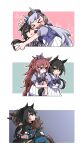  >_< 4girls :d animal_ears arm_hug beanie beer_hsk black_capelet black_gloves black_hair black_jacket blue_bow blue_jacket bow breasts brown_hair brown_hat bunny_ears_prank capelet closed_eyes closed_mouth commentary_request ear_bow ear_covers ears_through_headwear fingerless_gloves gloves gold_ship_(umamusume) green_eyes grey_hair grey_hat hair_between_eyes hat highres horse_ears horse_girl horse_tail hug jacket kin'iro_ryotei_(umamusume) long_hair low_ponytail mask medium_breasts mini_hat mouth_mask multiple_girls outline parted_lips pleated_skirt ponytail puffy_short_sleeves puffy_sleeves purple_bow purple_eyes purple_shirt school_uniform shirt short_sleeves skirt smile striped_clothes striped_headwear tail tracen_school_uniform umamusume vertical-striped_clothes vertical-striped_headwear very_long_hair white_outline white_skirt xd 
