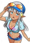  1girl :o absurdres aviator_sunglasses baseball_cap bikini bikini_under_clothes blue_eyes blue_hat blue_shirt blue_shorts blunt_bangs blush commentary cowboy_shot dark-skinned_female dark_elf dark_skin denim denim_shorts elf eyewear_on_head glint grey_hair hat highres karla_(kono_healer_mendokusai) kono_healer_mendokusai long_hair looking_at_viewer micro_shorts midriff navel official_art open_mouth pink_bikini pointy_ears salute shirt short_sleeves shorts side-tie_bikini_bottom simple_background solo stomach sunglasses sweat swimsuit symbol-only_commentary tannen_ni_hakkou tied_shirt two-finger_salute wet wet_clothes white_background 