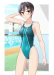  1girl absurdres aqua_one-piece_swimsuit ass_visible_through_thighs black_hair breasts brown_eyes commentary_request competition_swimsuit covered_navel cowboy_shot groin highleg highleg_one-piece_swimsuit highres indoors lane_line medium_breasts one-piece_swimsuit original pool short_hair solo standing swimsuit takafumi two-tone_swimsuit variant_set 