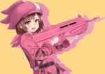  1girl assault_rifle belt brown_hair bullpup colored_shadow drop_shadow fn_f2000 gloves gun hat highres holding holding_gun holding_weapon jacket llenn_(sao) looking_at_viewer open_mouth outline pink_gloves pink_hat pink_jacket red_eyes rifle ryouya shadow solo sword_art_online sword_art_online_alternative:_gun_gale_online teeth upper_teeth_only weapon white_outline yellow_background 