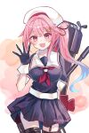  1girl beret black_gloves black_shirt black_skirt black_thighhighs breasts commentary_request gloves harusame_(kancolle) harusame_kai_ni_(kancolle) hat highres kantai_collection machinery medium_breasts miyakure pink_hair pleated_skirt red_eyes sailor_collar sailor_shirt shirt side_ponytail singler_garter_strap skirt smile solo thighhighs waving white_hat white_sailor_collar 