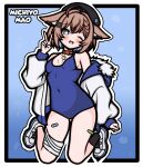  1girl :d ahoge animal_collar animal_ear_fluff animal_ears bandaged_leg bandages bandaid_on_thigh beret black_hat blue_background blue_hair blue_one-piece_swimsuit blush border braid breasts brown_hair cat_ears cat_girl cat_pendant character_name collar colored_inner_hair covered_navel ears_down green_eyes hair_ornament hand_up hat heart heart-shaped_pupils highres hood hood_down hooded_jacket indie_virtual_youtuber jacket kneeling long_sleeves looking_at_viewer michiyo_mao monochrome multicolored_hair off_shoulder one-piece_swimsuit one_eye_closed pendant_choker puffy_long_sleeves puffy_sleeves shoes short_hair small_breasts smile sneakers solo swimsuit symbol-shaped_pupils v virtual_youtuber white_border white_jacket white_shoes x_hair_ornament yeizer 