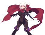  1girl arisia_hellioxenes black_bodysuit bodysuit boots braid breasts cape covered_navel dual_wielding flower game_cg gloves hair_ornament holding holding_weapon knife kourin_tenshi_en_ciel_rena large_breasts large_variant_set looking_at_viewer non-web_source official_art red_eyes saitou_natsuki short_hair smile solo suhamaya thigh_boots thighhighs torn_cape torn_clothes transparent_background variant_set weapon white_hair 