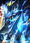  1other absurdres blue_eyes claws commentary_request electricity fangs furry highres horns looking_ahead mega_pokemon mega_zeraora open_mouth other_focus pokemon pokemon_(creature) single_horn sisualicon solo twitter_username zeraora 