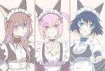  3girls :o akiha_rumiho alternate_costume animal_ears apron aqua_eyes ascot belt_around_waist black_hair blush bob_cut breasts brown_hair cat_ears clothes_lift commentary_request conventional_maid enmaided fake_animal_ears hair_ornament hand_in_own_hair long_hair looking_at_viewer looking_to_the_side maid maid_apron maid_headdress makise_kurisu mayqueen_maid_uniform medium_breasts multiple_girls no_wig pink_eyes pink_hair pout rocni science_adventure shiina_mayuri short_hair sideways_glance skirt skirt_lift small_breasts smile steins;gate white_ascot 