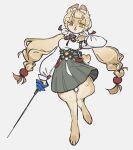  1girl alice_thymefield animal_ear_fluff animal_ears animal_feet blonde_hair breasts commentary english_commentary full_body furrification furry green_skirt grey_background hair_ornament hand_on_own_chest hand_up heterochromia highres holding holding_sword holding_weapon lizagne long_hair looking_at_viewer low_twintails medium_breasts open_mouth rabbit_ears rabbit_girl rabbit_tail red_eyes shirt simple_background skirt solo sphere_hair_ornament sword tail twintails weapon white_shirt yellow_eyes zenless_zone_zero 