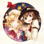  2girls black_hat blush bow bowtie brown_eyes brown_hair collared_dress collared_shirt dress frilled_shirt_collar frills gap_(touhou) hair_between_eyes hair_bow hat hat_bow long_sleeves looking_at_viewer maribel_hearn marker_(medium) mob_cap multiple_girls necktie open_mouth orange_eyes purple_dress red_bow red_bowtie red_necktie round_image sanwa_no_jako_(daikichi_club) shirt short_hair simple_background sleeve_cuffs sleeve_garter teeth touhou traditional_media upper_teeth_only usami_renko waving white_background white_bow white_hat white_shirt 
