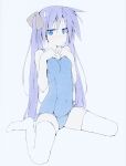  1girl blue_eyes blue_one-piece_swimsuit blush covered_navel highres hiiragi_kagami jitome long_hair looking_at_viewer lucky_star one-piece_swimsuit purple_hair school_swimsuit shiki_59 simple_background sitting solo sweatdrop swimsuit thighhighs v-shaped_eyebrows wariza white_background white_thighhighs 