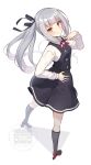  1girl absurdres black_ribbon blush brown_eyes commentary_request dress full_body grey_hair hair_ribbon highres kantai_collection kasumi_(kancolle) kasumi_kai_ni_(kancolle) long_hair long_sleeves looking_at_viewer looking_to_the_side neck_ribbon nueco pinafore_dress red_ribbon ribbon school_uniform shadow shirt shoes side_ponytail sleeveless sleeveless_dress solo watermark white_background white_shirt 