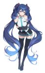  1girl absurdres arm_tattoo arms_under_breasts bare_shoulders black_boots black_skirt black_sleeves blue_eyes blue_hair blush boots breasts character_name closed_mouth collared_shirt commentary cosplay crossed_arms detached_sleeves figure frown full_body furrowed_brow gradient_hair hair_ornament hatsune_miku hatsune_miku_(cosplay) hatsune_miku_(vocaloid3) headset highres iuno_(wuthering_waves) large_breasts leaning_forward long_hair looking_at_viewer multicolored_hair pleated_skirt scowl second-party_source shirt simple_background skirt solo standing streaked_hair tattoo thigh_boots thighs twintails v-shaped_eyebrows very_long_hair vocaloid white_background white_shirt wuthering_waves youngjoo_kjy zettai_ryouiki 
