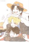  +++ 3boys :p arm_belt arm_tattoo belt belt_buckle black_coat black_hair brothers buckle coat commentary_request hands_on_another's_head hat highres jewelry kkong_giii1 korean_commentary laughing log_pose male_focus monkey_d._luffy multiple_boys necklace one_piece open_mouth own_hands_together portgas_d._ace red_shirt sabo_(one_piece) scar scar_across_eye scar_on_face shirt siblings simple_background smile straw_hat tattoo teeth tongue tongue_out topless_male unworn_hat unworn_headwear white_background 