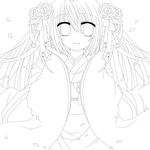  bad_id bad_pixiv_id bell flower greyscale hair_flower hair_ornament hatsune_miku highres japanese_clothes kimono lineart long_hair monochrome petals smile solo sorakase_sawa vocaloid 