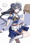  1girl absurdres apron bamboo_steamer blue_dress blue_eyes boots bun_cover chinese_clothes cleavage_cutout clothing_cutout commentary dress food frilled_apron frills fu_hua fu_hua_(blue_swallow) grey_hair highres holding_bamboo_steamer honkai_(series) honkai_impact_3rd leg_up long_hair low-tied_long_hair maid_headdress open_mouth short_sleeves shoulder_cutout solo steamed_bun uehara_suiyo very_long_hair white_apron white_boots 