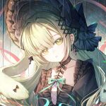  1girl animal_ears aoko_(amamiya_aoko) arknights bang_dream! bang_dream!_it's_mygo!!!!! black_bonnet black_choker bonnet choker commentary_request floppy_ears gothic_lolita green_hair green_ribbon hair_ornament highres lolita_fashion long_hair looking_at_viewer parted_lips rabbit_ears rabbit_girl ribbon sidelocks solo upper_body wakaba_mutsumi wakaba_mutsumi_(marionette's_id) x_hair_ornament yellow_eyes 