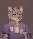 anthro awoxi clothed clothing container cup eye_contact felid feline fur heterochromia hi_res holding_container holding_cup holding_object inner_ear_fluff looking_at_another looking_at_viewer male mammal markings neck_tuft pantherine purple_clothing purple_shirt purple_topwear shirt smug_face snow_leopard solo tan_body tan_fur topwear tuft