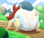 2023 absurd_res ambiguous_gender blue_body blue_fur blue_tail clean_diaper clothed clothing cloud cloud_emanata detailed_background diaper diaper_puff dirt_path ears_back ellipsis emanata english_text fang29 feral fluffy fluffy_tail frown full-length_portrait fur generation_2_pokemon grass half-closed_eyes hi_res kallos_(fang29) kerchief looking_back multicolored_body multicolored_fur narrowed_eyes neckerchief neckwear nintendo path pivoted_ears plant pokemon pokemon_(species) pokemon_mystery_dungeon portrait post-it_note rear_view red_kerchief red_neckerchief sky solo spike_chunsoft tail teasing text two_tone_body two_tone_fur typhlosion walking wearing_diaper wetness_indicator yellow_body yellow_fur