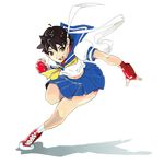  bare_legs black_hair blue_sailor_collar brown_eyes converse fingerless_gloves ghost-q gloves hachimaki headband kasugano_sakura leaning_forward midriff running sailor_collar school_uniform serafuku shoes short_hair skirt sneakers socks solo street_fighter 