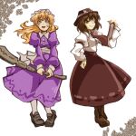  2girls back_bow black_hat book boots bow brown_boots brown_eyes brown_hair buttons closed_mouth collared_dress collared_shirt contrast_collar dress dress_bow ghostly_field_club grey_shoes hand_on_own_hip hat hat_bow holding holding_book holding_rod long_dress long_hair long_sleeves looking_at_viewer maribel_hearn mob_cap multiple_girls puffy_long_sleeves puffy_sleeves purple_dress rod sanwa_no_jako_(daikichi_club) sash shirt shoes short_hair sleeve_cuffs sleeve_garter smile smug socks standing touhou usami_renko white_background white_bow white_hat white_sash white_shirt white_socks yellow_eyes 