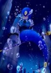  absurdres bad_id bad_pixiv_id blue_eyes breasts bubble elbow_gloves gloves helmet highres large_breasts mermaid monster_girl polearm robot rockman rockman_(classic) solo splash_woman trident underwater weapon 