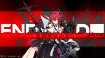  1girl absurdres arknights arknights:_endfield bare_shoulders black_dress black_gloves black_horns breasts cleavage closed_mouth demon_horns dress gloves hair_between_eyes hair_intakes hand_up highres horns laevatein_(arknights) long_hair looking_at_viewer ohkurrva purple_eyes red_hair smile solo surtr_(arknights) sword weapon wide_shot 