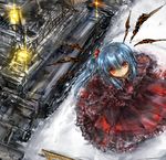  blue_hair dress highres lokijuhyd long_hair looking_at_viewer looking_up open_mouth red_eyes shinki solo touhou wings 