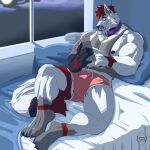 abs absurd_res anthro barazoku bed bedroom biceps black_claws bulge canid canine canis cellphone claws clothing collar ear_piercing earbuds electronics fur furniture headphones hi_res holding_object kyojufolf male mammal multicolored_body multicolored_fur muscular muscular_anthro muscular_male nipples paws pecs phone piercing pillow relaxing shirt smartphone smile solo tail tank_top topwear underwear white_body white_fur wolf wolf_demon yamii_kai