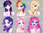  6+girls :< :d applejack aqua_eyes arms_at_sides bad_anatomy black_hair blonde_hair blue_hair blunt_bangs breasts chest_tattoo cleavage closed_mouth collarbone commentary cropped_shoulders curly_hair curtained_hair cutie_mark double-parted_bangs eyelashes fluttershy green_eyes green_hair grey_background grin hair_behind_ear hair_between_eyes hair_tie high_ponytail highres long_hair long_neck looking_at_viewer low-tied_long_hair mane_six_(my_little_pony) multicolored_hair multiple_girls my_little_pony my_little_pony:_friendship_is_magic n._(plaw_01) nude open_mouth orange_hair personification pink_eyes pink_hair pinkie_pie ponytail purple_hair rainbow_dash rainbow_hair raised_eyebrow rarity_(my_little_pony) red_hair shoulder_tattoo simple_background small_breasts smile sparkle straight_hair streaked_hair swept_bangs tareme tattoo teeth tsurime twilight_sparkle twitter_username uneven_eyes upper_teeth_only wavy_hair 