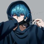  1boy alternate_costume black-framed_eyewear blue_hair blue_hoodie brant_(wuthering_waves) closed_mouth commentary earrings english_commentary glasses grey_background highres holding holding_removed_eyewear hood hood_up hoodie jewelry long_sleeves looking_at_viewer male_focus mask mouth_mask multicolored_hair piercing pink_eyes ring sae_naiyatsu short_hair sleeves_past_wrists solo streaked_hair stud_earrings twitter_username unworn_eyewear upper_body wuthering_waves 