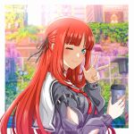  1girl absurdres aino_(genshin_impact) arm_cutout black_jacket black_ribbon breasts chisa_(wuthering_waves) chisa_(wuthering_waves)_(cosplay) closed_mouth clothing_cutout commentary cosplay cup english_commentary genshin_impact hair_ribbon hand_up highres hikaru_adilla holding holding_cup jacket kanemoto_hisako long_hair long_sleeves medium_breasts neckerchief nilou_(genshin_impact) one_eye_closed red_hair red_neckerchief ribbon sailor_collar smile solo upper_body voice_actor_connection w white_sailor_collar wuthering_waves 