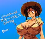  1girl black_hair blue_background breasts brown_hair cleavage cow_girl_(hataraki) curvy dress erect_nipples female hat hataraki_ari horns huge_breasts impossible_clothes looking_down nipples no_bra original puffy_nipples see-through short_hair short_twintails simple_background solo standing sundress translation_request twintails upper_body yellow_eyes 