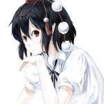  bad_id bad_pixiv_id black_hair chin_rest dress_shirt face hands hat looking_at_viewer nishiuri pointy_ears red_eyes shameimaru_aya shirt simple_background solo tokin_hat touhou upper_body white_background 