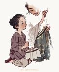  1boy 1girl artist_name black_eyes black_hair blush braid braided_bun cherry_print child chinese_clothes closed_mouth commentary embroidery embroidery_hoop enilehtnorevol eyelashes food_print fruit_print gold_trim hair_bun hanfu holding holding_needle kneeling layered_clothes long_eyelashes long_hair long_sleeves looking_at_another male_focus mother_and_son mu_qing_(tianguan_cifu) needle pants purple_shirt red_lips red_shoes shirt shoes simple_background single_hair_bun sitting smile teaching tianguan_cifu twitter_username white_background white_hanfu white_pants 