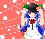  blue_hair blush bow dress food fruit hand_on_headwear hat highres hinanawi_tenshi kamishima_yuu long_hair looking_at_viewer peach red_eyes smile solo touhou 