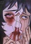  1girl anya_(mouthwashing) artist_name black_eyes black_hair blood_on_mask close-up commentary cracked_kawaii_mask cracked_mask crying crying_with_eyes_open fingernails hand_on_own_face looking_to_the_side mouthwashing portrait rikainot solo tears 