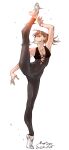  1girl absurdres black_unitard breasts brown_hair cleavage flexible full_body highres leg_up nabipenciller original ponytail small_breasts socks solo split standing standing_on_one_leg standing_split 