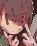  1other absurdres ambiguous_gender black_background brown_hair chara_(undertale) commentary_request cracked_kawaii_mask edkt2nd green_sweater hands_on_own_face highres holding holding_knife knife looking_at_viewer mask red_eyes smile sweater undertale utdr_(toby_fox) 