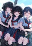  3girls alternate_costume bag black_bag black_bow black_hair black_sailor_collar black_skirt black_socks bow breasts chisa_(wuthering_waves) collarbone commentary female_rover_(wuthering_waves) hair_bow hair_ribbon hand_up highres indoors kuramoto_beta-carotene laughing medium_breasts mole mole_under_eye multiple_girls neckerchief open_mouth poking red_neckerchief red_ribbon ribbon rover_(wuthering_waves) sailor_collar school_bag shirt short_hair sitting skirt smile socks sumika_(wuthering_waves) tacet_mark_(wuthering_waves) watch white_shirt wristwatch wuthering_waves 