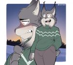 anthro black_claws black_ear_tips blush bodily_fluids bottomwear cheek_tuft claws clothing dipstick_ears disney ear_markings facial_tuft felid feline footfoxxy fur green_clothing green_sweater green_topwear grey_body grey_bottomwear grey_clothing grey_fur grey_pants hand_in_pocket hi_res lynx male mammal multicolored_ears open_mouth pants pawbert_lynxley pink_nose pockets smile snow solo sweater tears teeth topwear tuft white_body white_fur white_inner_ear yellow_eyes zootopia