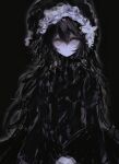  1girl akama_chlorine black_background black_bonnet black_dress black_hair black_theme bonnet butterfly_hair_ornament closed_mouth cowboy_shot dress expressionless frilled_headwear grey_eyes hair_between_eyes hair_ornament hands_on_lap highres layered_sleeves long_hair long_sleeves looking_at_viewer original own_hands_together pale_skin puffy_short_sleeves puffy_sleeves short_over_long_sleeves short_sleeves sidelocks simple_background solo standing turtleneck turtleneck_dress very_long_hair 
