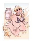  1girl animal_ears animal_print bell belly bikini black_eyes blonde_hair body_freckles bottle breasts cleavage commentary cow_ears cow_girl cow_horns cow_print cow_print_bikini cowbell english_commentary fat fawnduu freckles from_above grabbing_own_thigh highres horns kemonomimi_mode large_breasts looking_at_viewer milk_bottle navel on_grass original print_bikini simple_background sitting smile solo swimsuit tail wariza white_background 