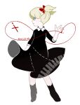  1girl ana_(mother) black_dress black_shoes blonde_hair closed_mouth commentary_request dated dress full_body highres long_sleeves looking_to_the_side mother_(series) mother_1 piano_print red_ribbon ribbon shoes simple_background solo string string_of_fate tanba_(tanba-art) white_background 