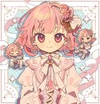  1girl :3 border chibi chibi_inset closed_mouth commentary dear_my_fellows_(project_sekai) flower hair_flower hair_ornament highres juliet_sleeves kannagi6 long_sleeves looking_at_viewer multiple_views neck_ribbon official_alternate_costume ootori_emu pink_eyes pink_flower pink_hair project_sekai puffy_sleeves ribbon short_hair white_border white_flower white_ribbon 