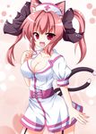  alternate_costume alternate_hairstyle animal_ears bad_id bad_pixiv_id bow breasts cat_ears cat_tail cleavage fang hair_bow hat highres kaenbyou_rin kuromari_(runia) medium_breasts multiple_tails nurse_cap red_eyes solo tail touhou 