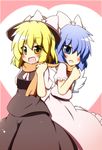  blonde_hair blue_eyes blue_hair blush bow dress hair_bow hat mai_(touhou) multiple_girls scarf senba_chidori short_hair smile sweatdrop touhou touhou_(pc-98) wings yellow_eyes yuki_(touhou) 