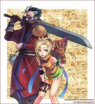  1boy 1girl 2004 archived_source armband armor artist_name asymmetrical_gloves auron bare_shoulders beads belt black_gloves black_hair black_shirt blonde_hair blue_feathers border braid breasts brown_belt brown_gloves brown_shirt buckle collared_shirt commentary_request corked_bottle covered_mouth curtained_hair cutoffs dated denim denim_shorts english_text feather_hair_ornament feathers final_fantasy final_fantasy_x gloves goggles goggles_around_neck green_armband green_eyes green_shorts h2so4 hair_ornament hairclip half_updo hand_on_own_thigh haori holding holding_behind_back holding_sword holding_sword_behind_back holding_weapon holding_weapon_behind_back huge_weapon japanese_clothes jug_(bottle) katana korean_commentary legs_apart lips long_hair long_sleeves looking_at_viewer loose_belt low-braided_long_hair low-tied_long_hair low_twin_braids medium_breasts mismatched_gloves multicolored_hair open_hand open_mouth orange_belt orange_feathers over_shoulder pauldrons ponytail projected_inset red_haori red_sleeves rikku_(ff10) shirt shoes short_ponytail shorts shoulder_armor sideburns single_arm_guard single_pauldron single_shoe sleeveless sleeveless_shirt square square_enix standing streaked_hair sunglasses sword sword_over_shoulder thigh_strap tinted_eyewear turtleneck twin_braids uneven_gloves weapon weapon_over_shoulder web_address white_border white_hair 