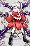  bare_shoulders blue_eyes boots choker earrings hair_bobbles hair_ornament highres jewelry long_hair multiple_wings open_mouth parad@_jibaku_rei purple_wings shinki side_ponytail silver_hair skirt solo staff touhou wings 