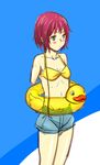  amputee bikini_top bird blush_stickers duck flat_chest green_eyes innertube katawa_shoujo navel raide red_hair short_hair shorts simple_background solo sweat tezuka_rin 