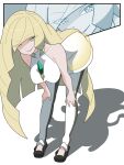  1girl alternate_breast_size_(larger) bare_shoulders bent_over black_leggings black_shoes blonde_hair breasts collarbone commentary_request diamond_(shape) dress full_body gem green_eyes green_gemstone hair_over_one_eye hand_on_own_knee highres kanbei_(pixiv11037490) large_breasts leggings long_hair looking_at_viewer lusamine_(pokemon) mature_female multicolored_leggings nihilego pants parted_lips pokemon pokemon_(creature) pokemon_sm shadow shoes sleeveless sleeveless_dress smile swept_bangs two-tone_leggings two-tone_legwear very_long_hair white_dress white_leggings white_pants 